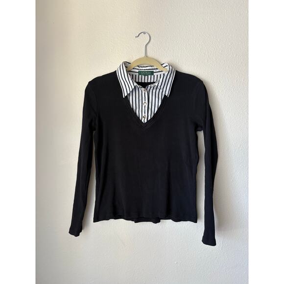 Lauren Ralph Lauren y2k knit sweater button down layered stripe black white work - Picture 8 of 9